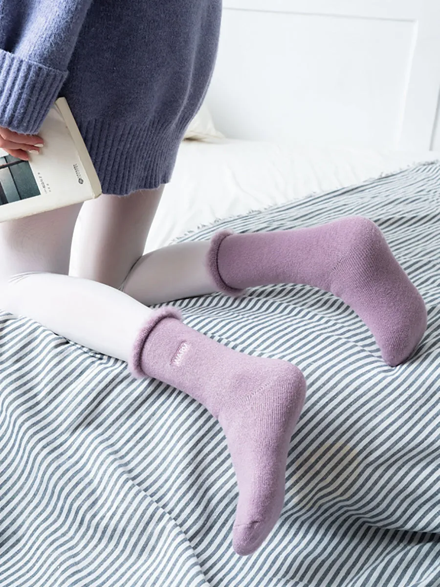 5 Pairs Women Winter Solid Cotton Fleece-lined Socks