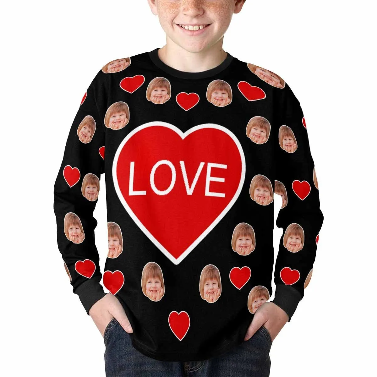 #7-16Y Custom Face Love Kids' Rib Cuff Long Sleeve T-shirt