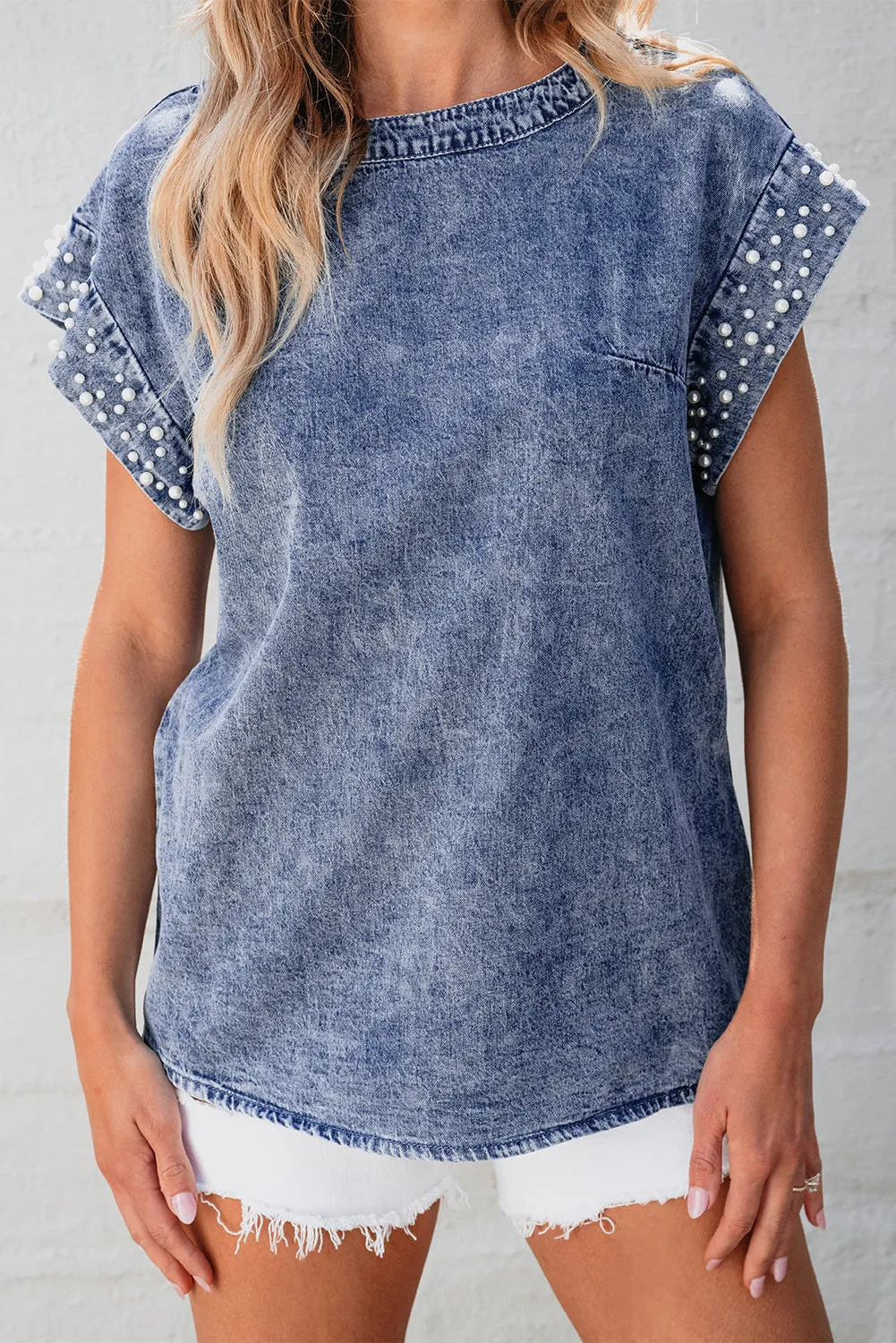 Acid Wash Pearl Embellishments Denim Top