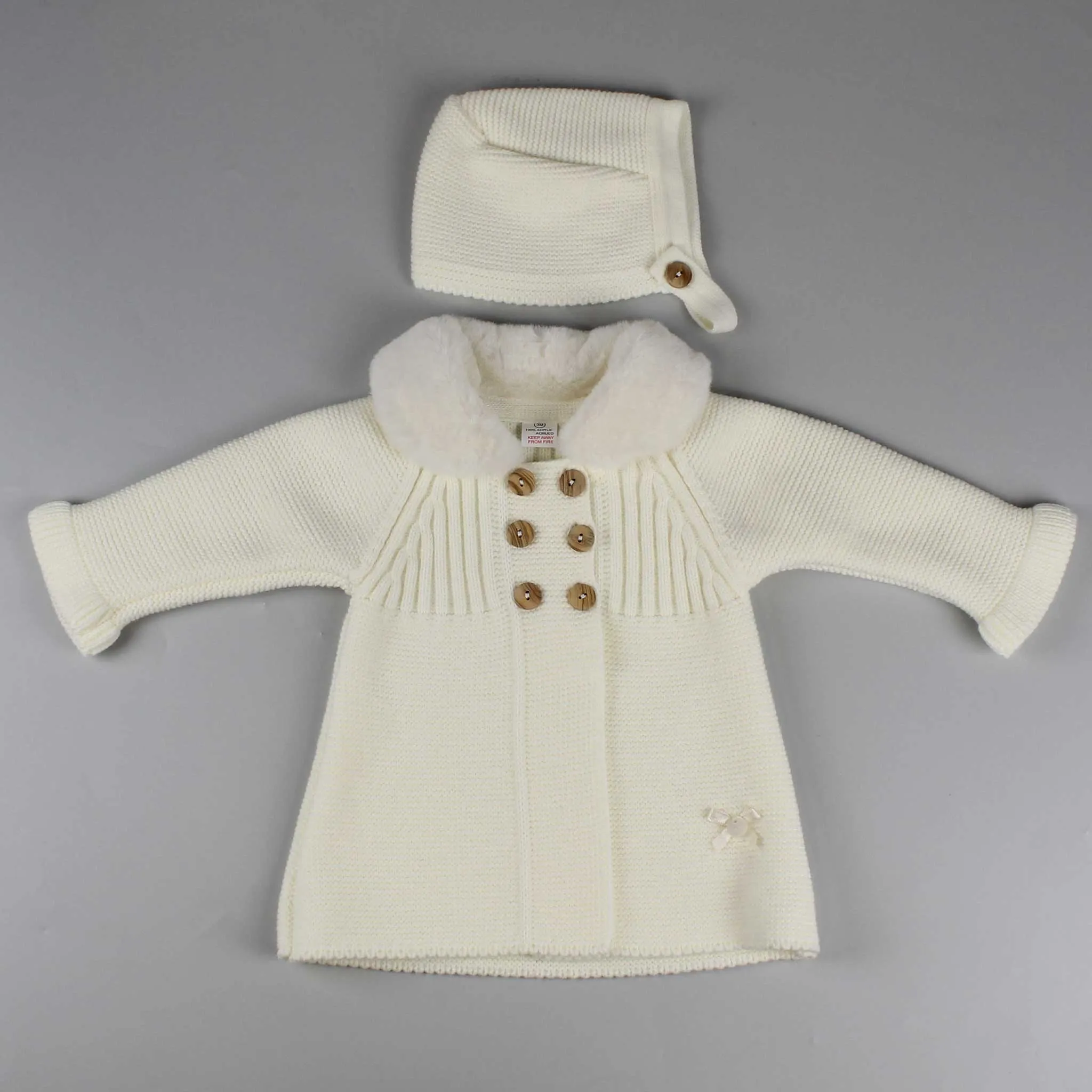 Baby Girls Cream Knitted Coat - Faux Fur Collar with Bonnet