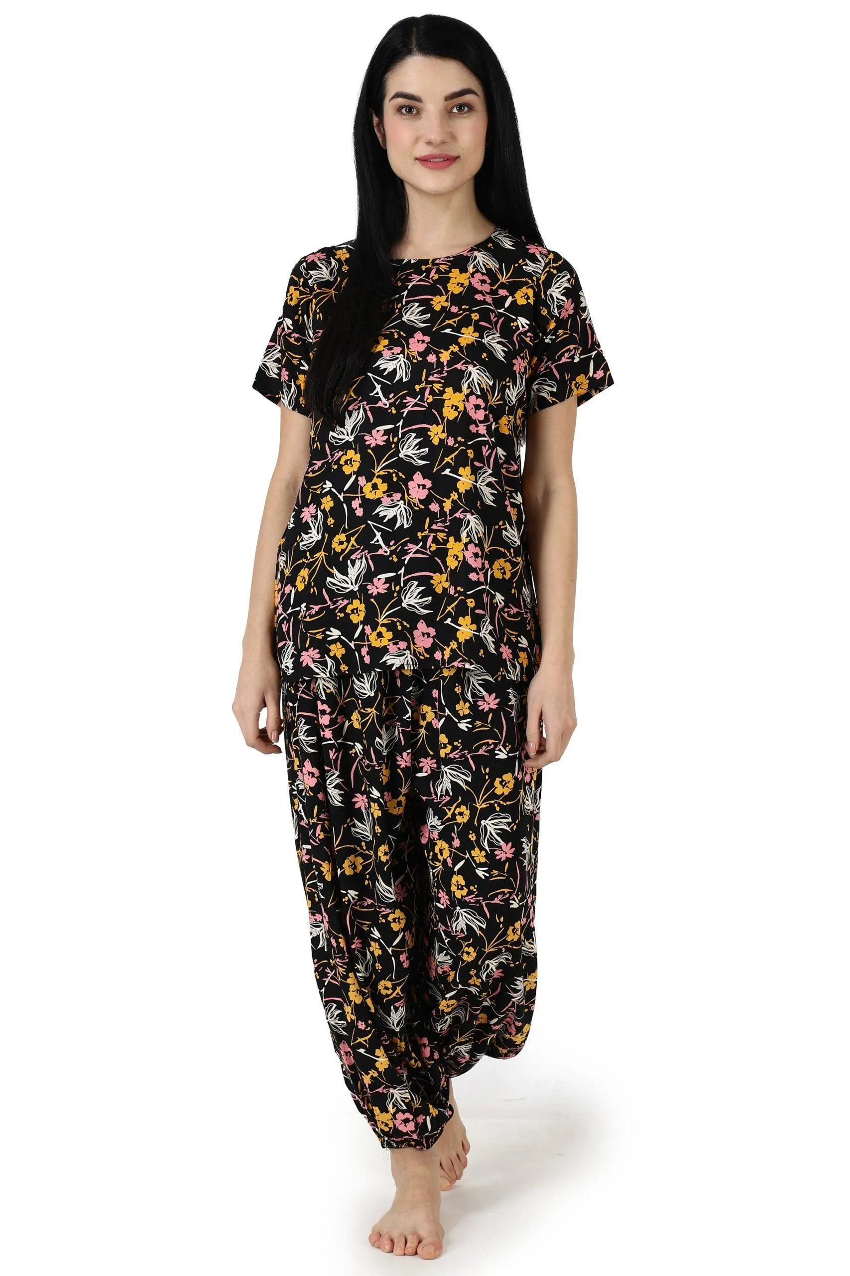 Black Floral Printed Night Suit Set with Harem Pants