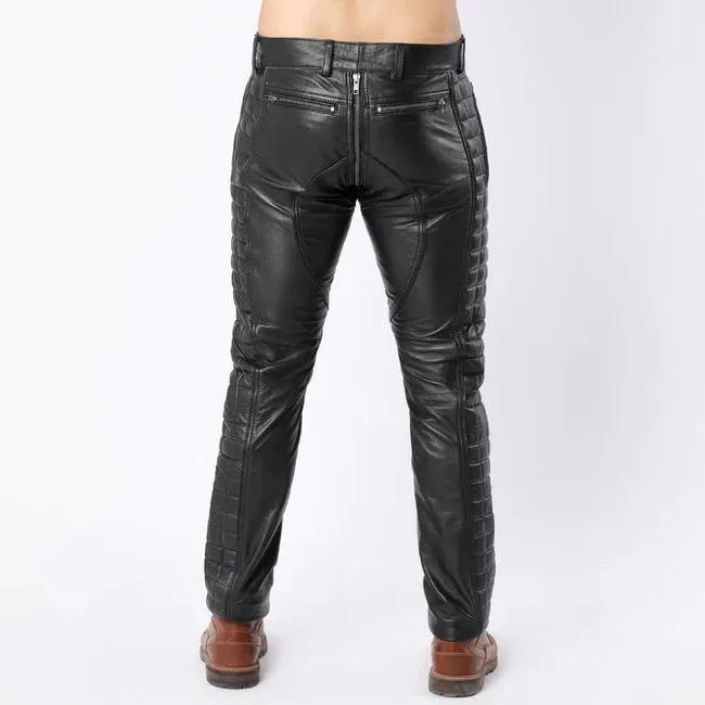 Black Leather Quilted Full Back Zipper Men's Biker Pants