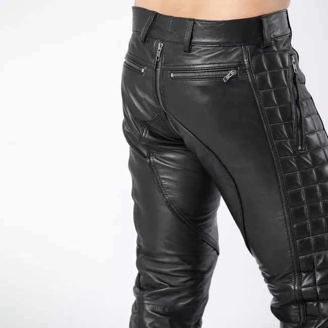 Black Leather Quilted Full Back Zipper Men's Biker Pants