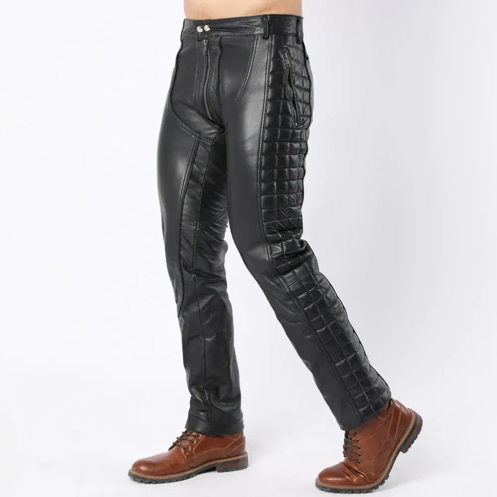 Black Leather Quilted Full Back Zipper Men's Biker Pants