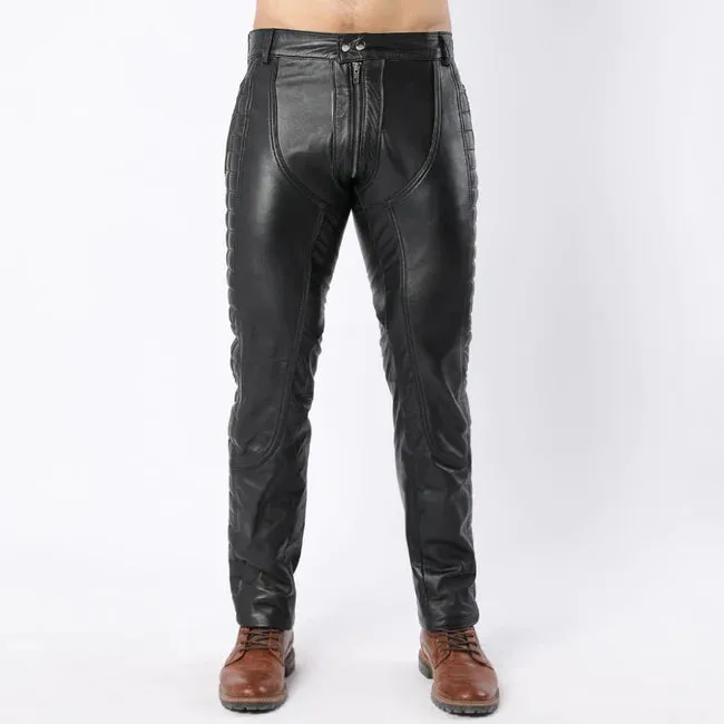 Black Leather Quilted Full Back Zipper Men's Biker Pants