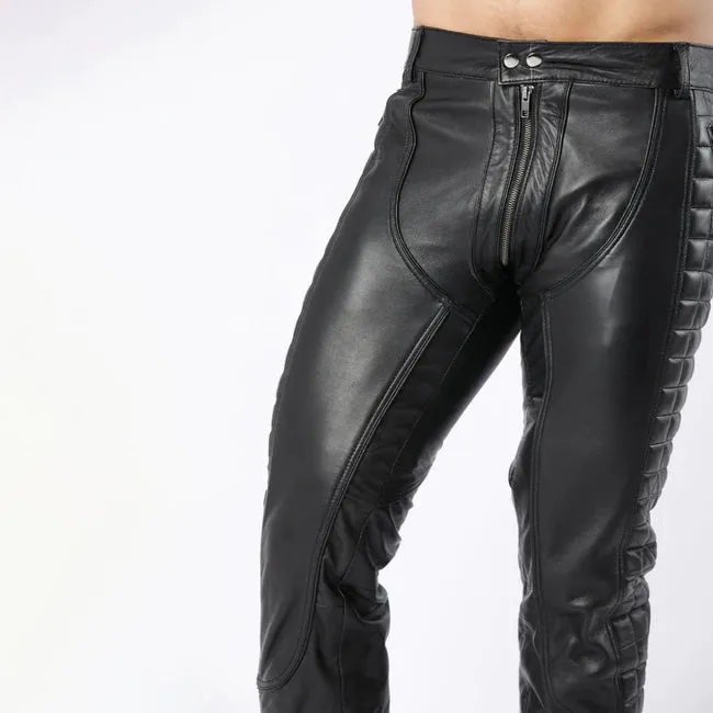 Black Leather Quilted Full Back Zipper Men's Biker Pants