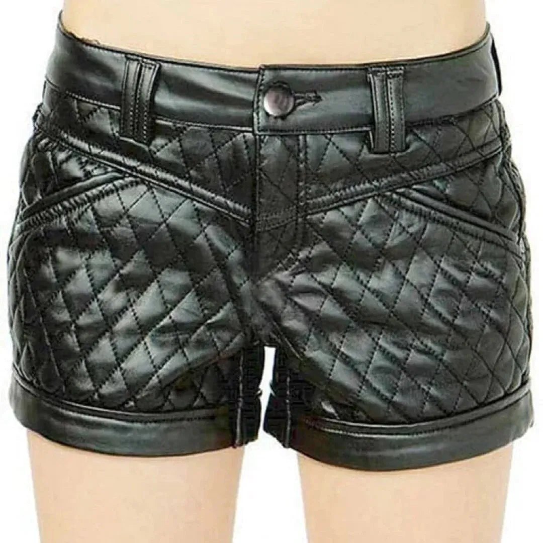 Black Leather Women's Quilted Shorts