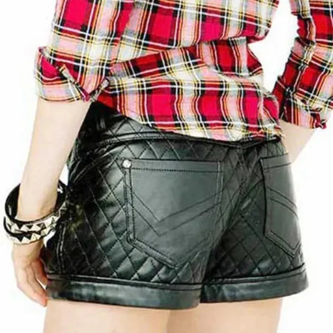 Black Leather Women's Quilted Shorts