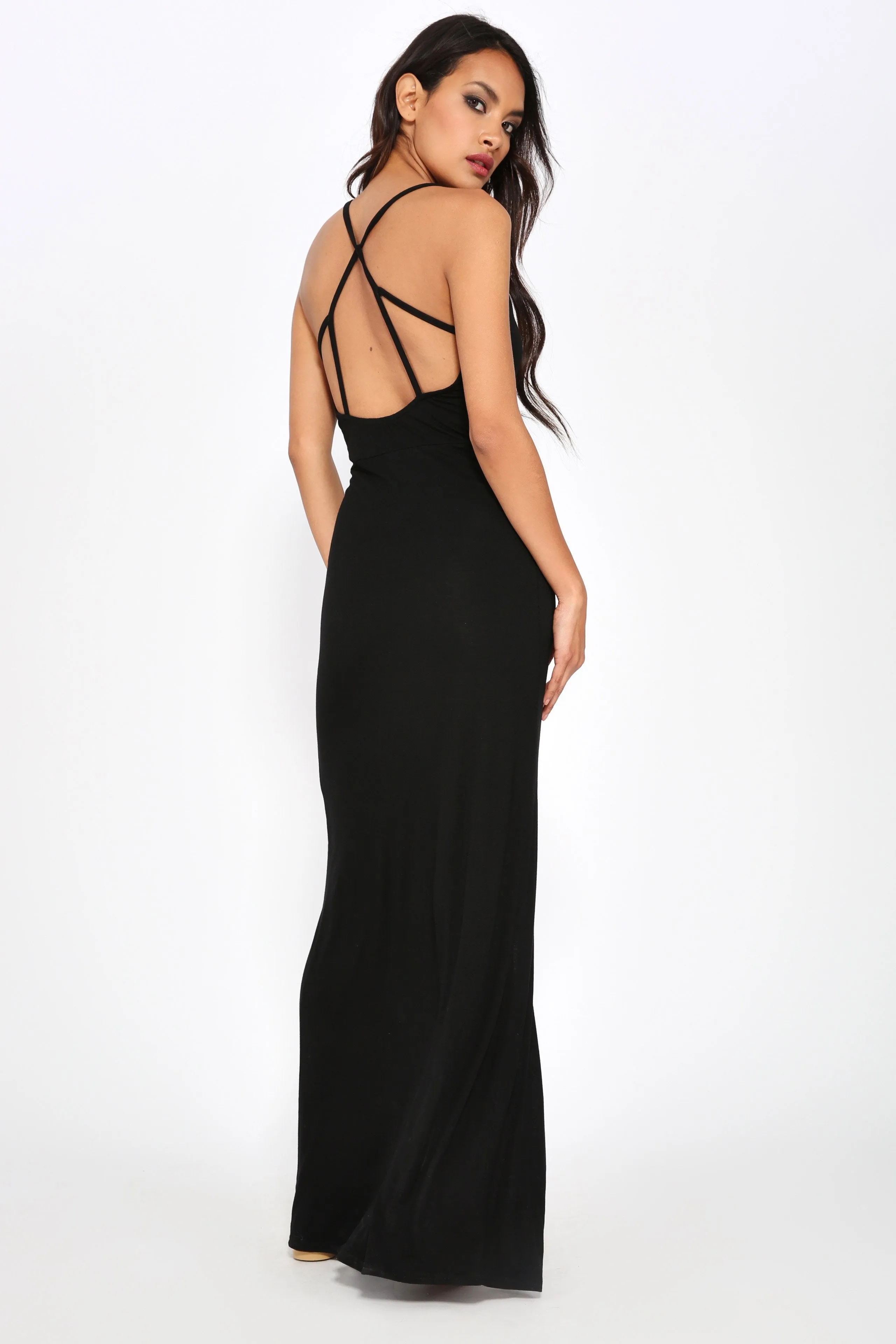 Black Strappy Open Back Maxi Dress With Slit