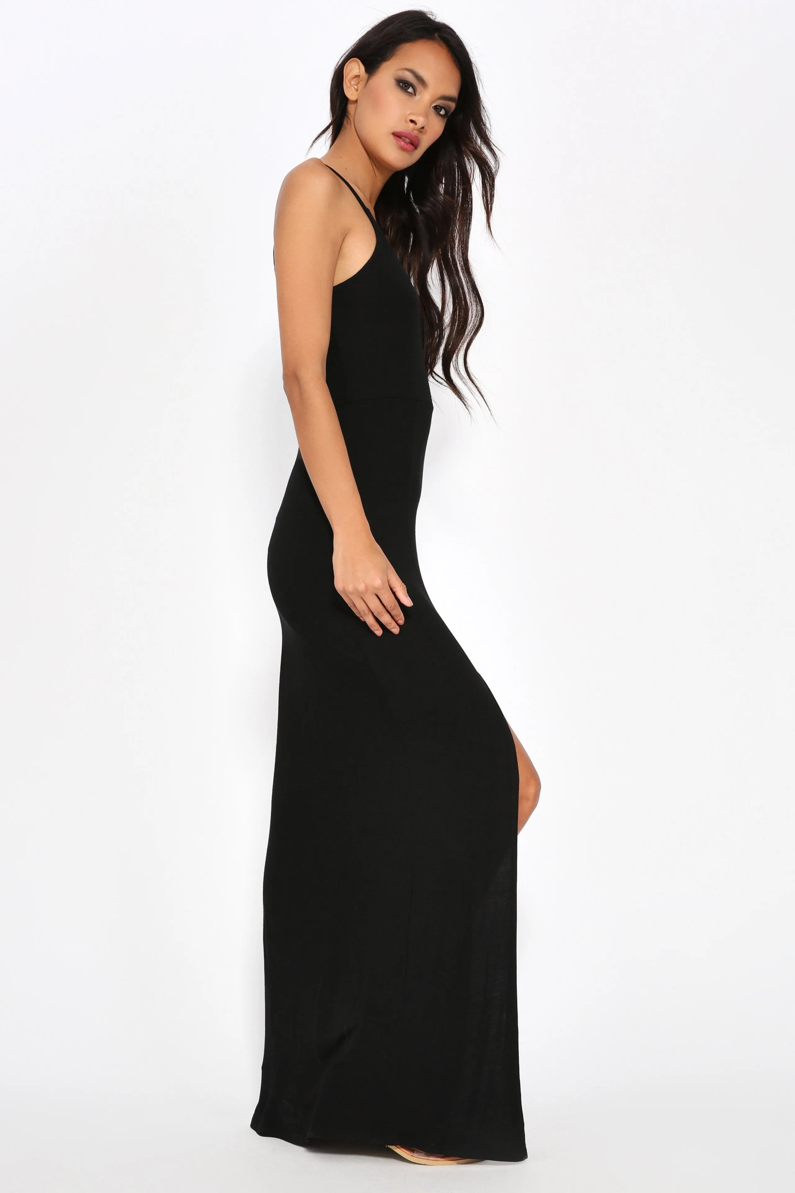 Black Strappy Open Back Maxi Dress With Slit