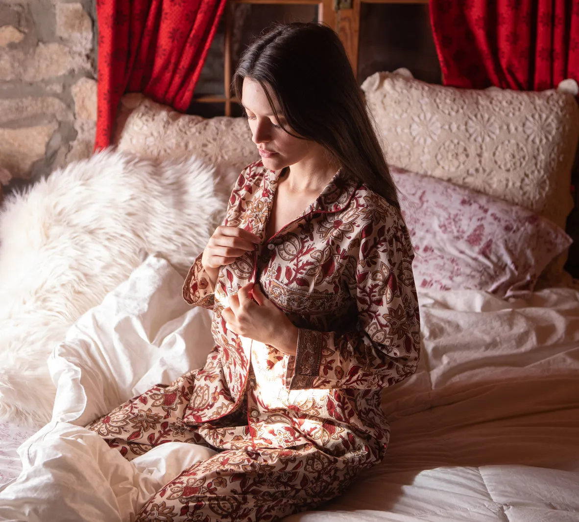 Block Printed Pajama Set: Latte