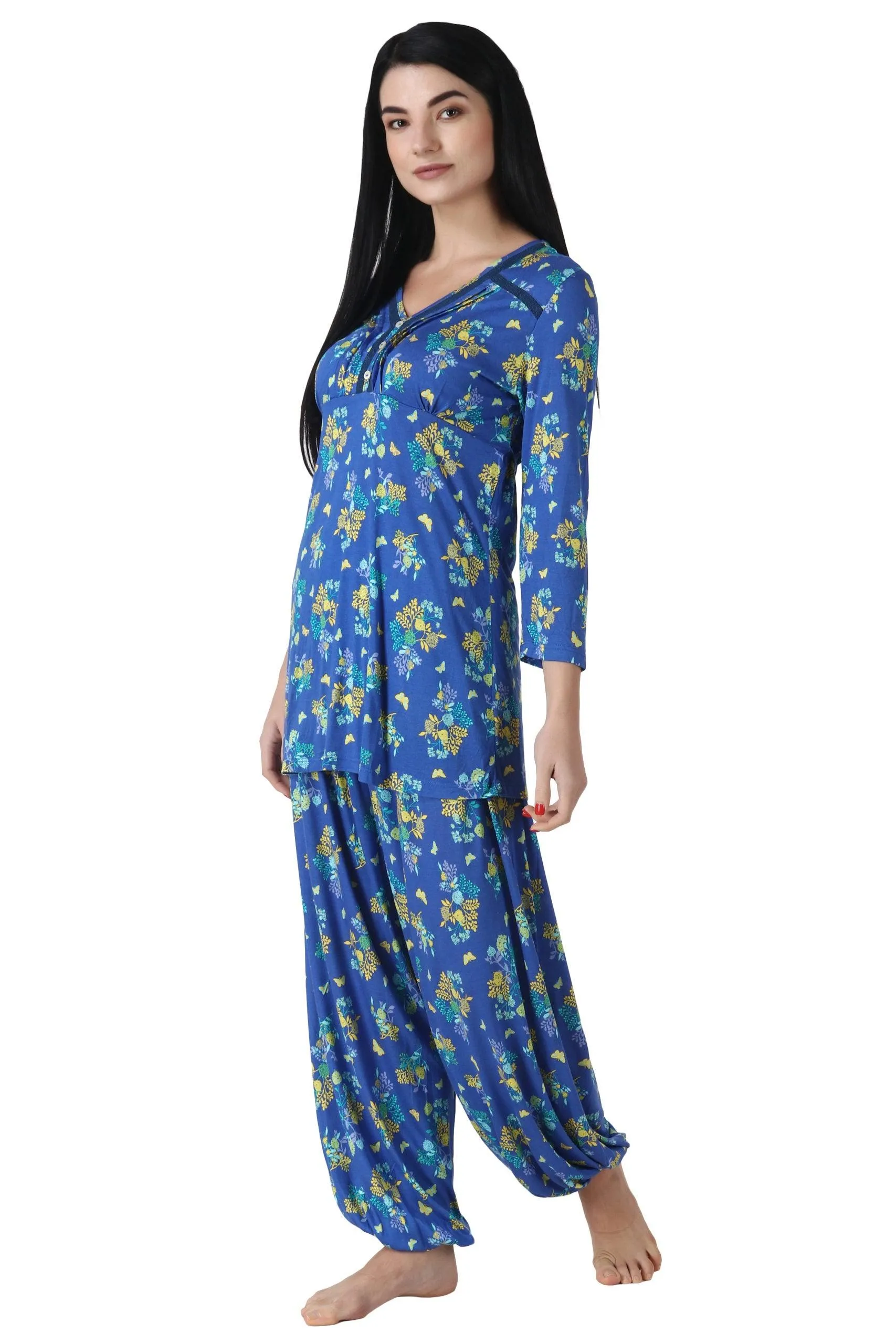 Blue Floral Printed Night Suit Set with Harem Pants