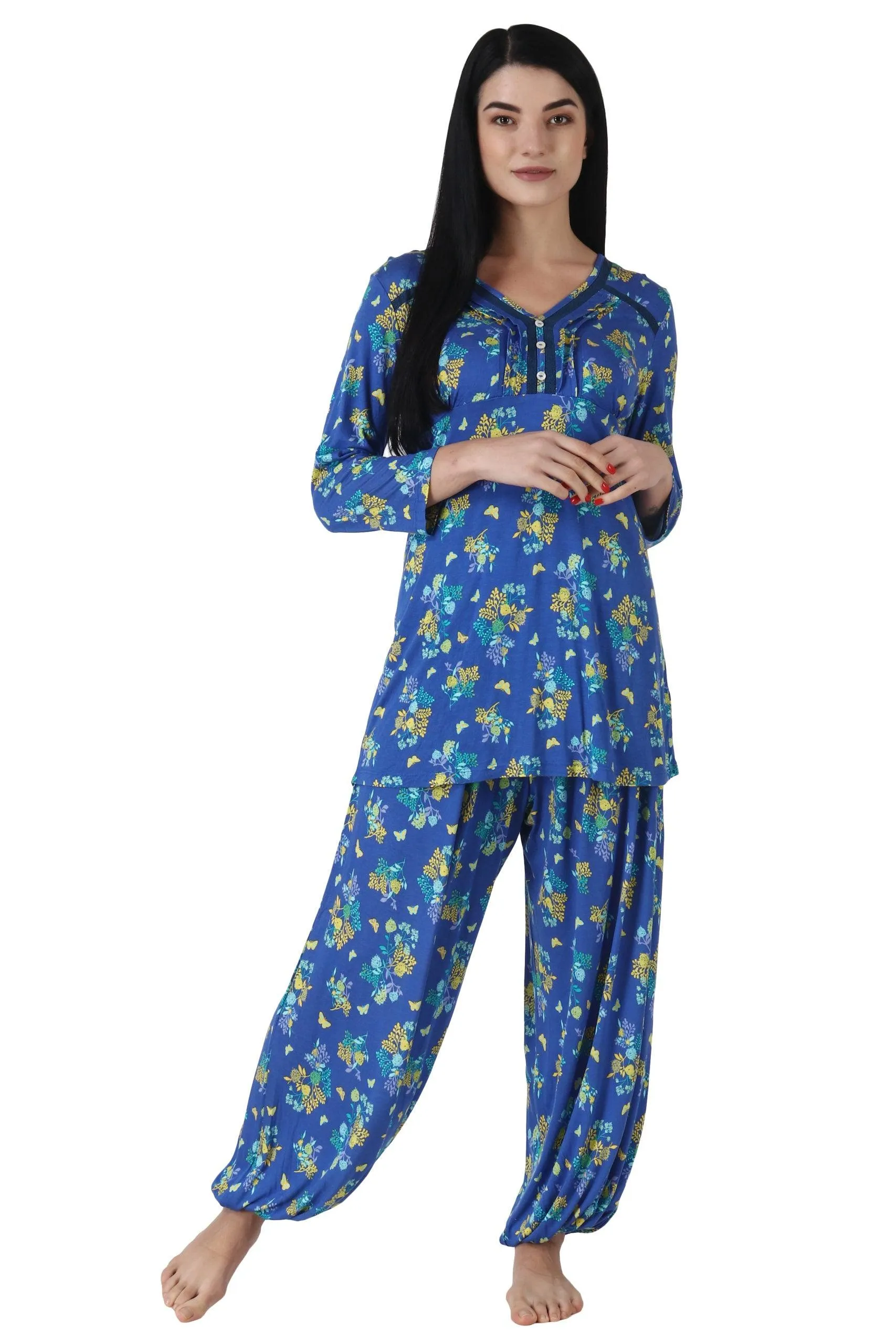 Blue Floral Printed Night Suit Set with Harem Pants