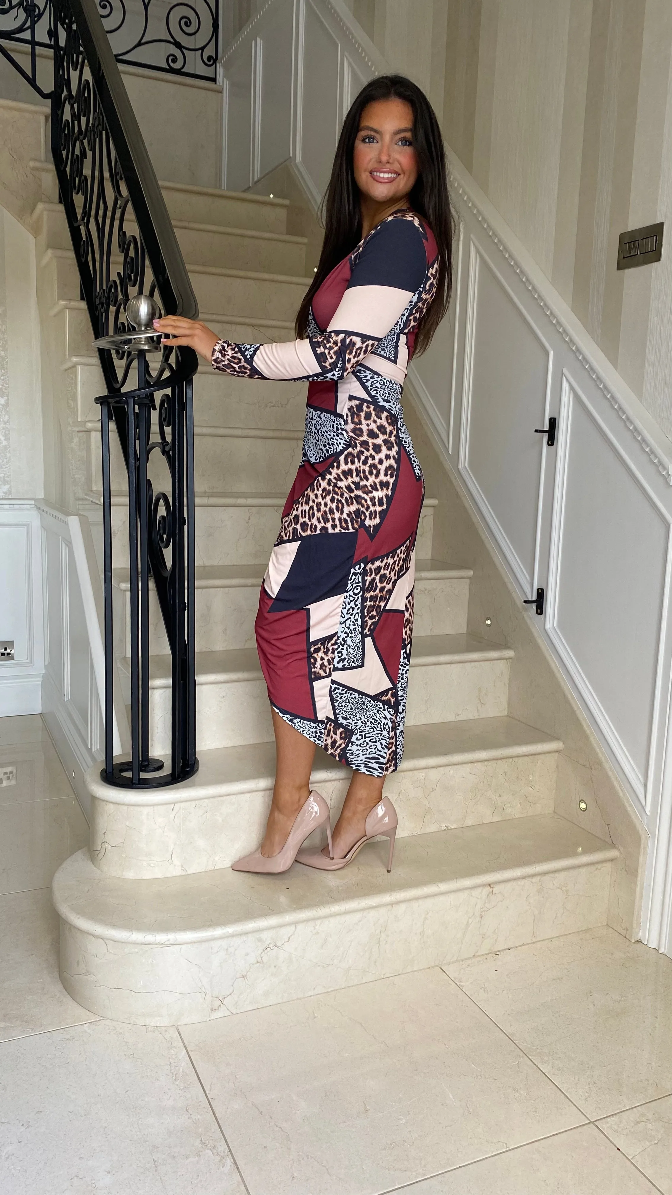 Burgundy Animal Print Midi Dress