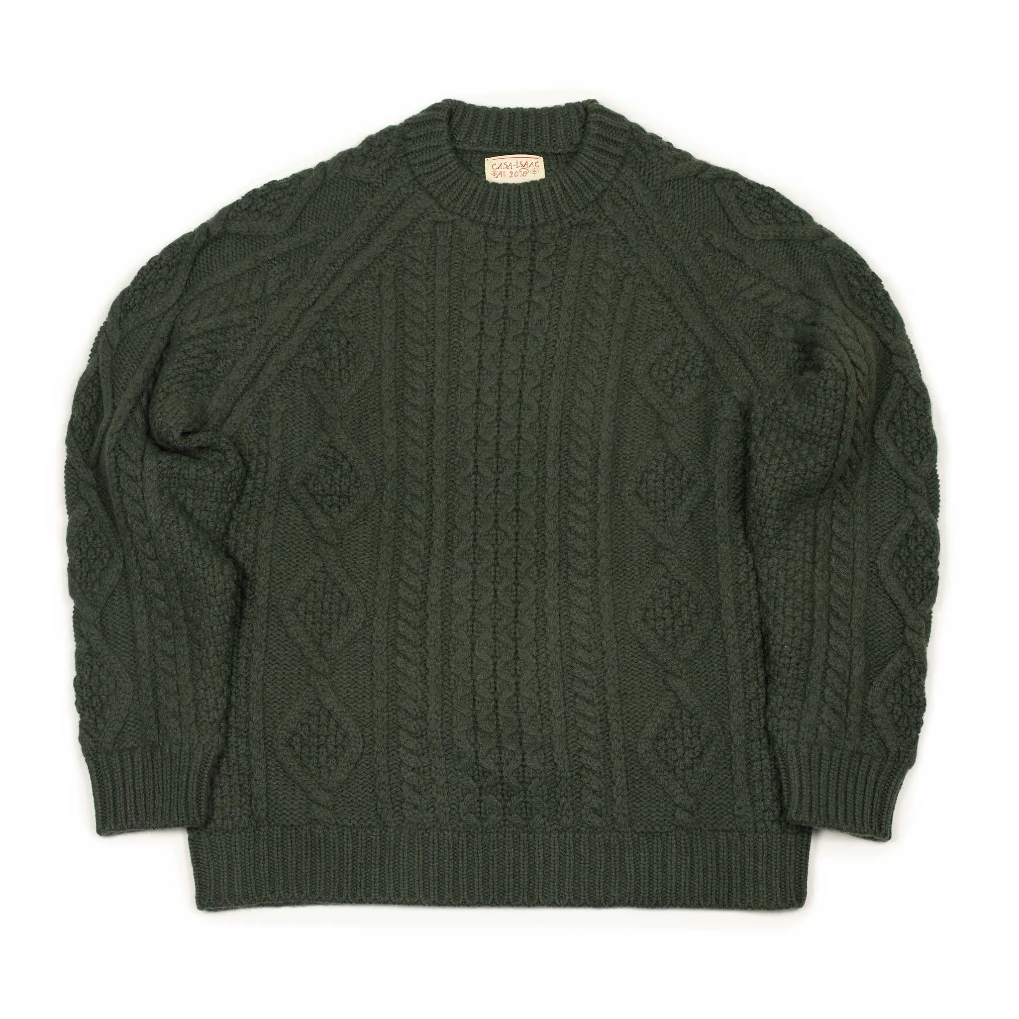 Cabled raglan sleeve crewneck in Green wool and cashmere