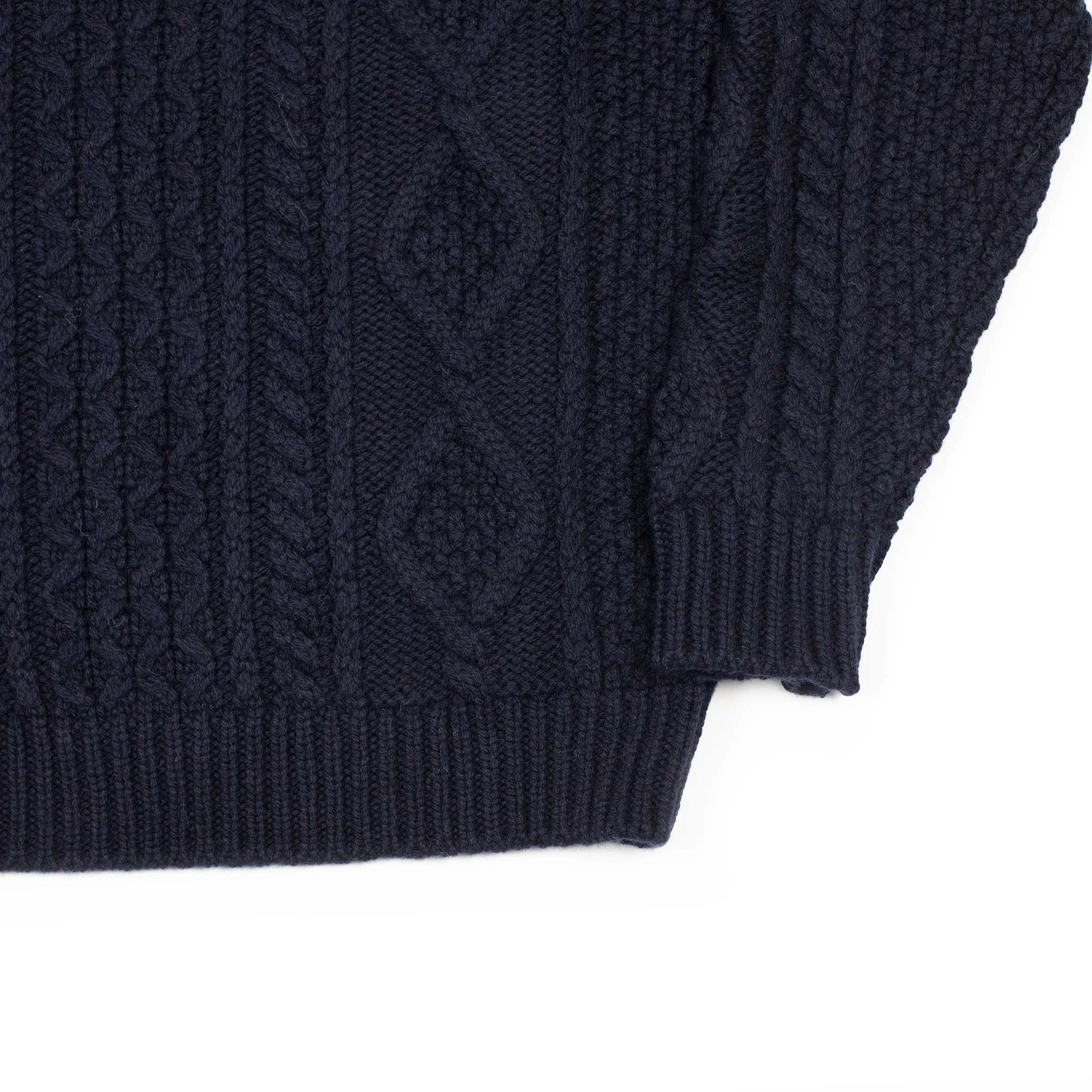 Cabled raglan sleeve crewneck in navy wool and cashmere (restock)