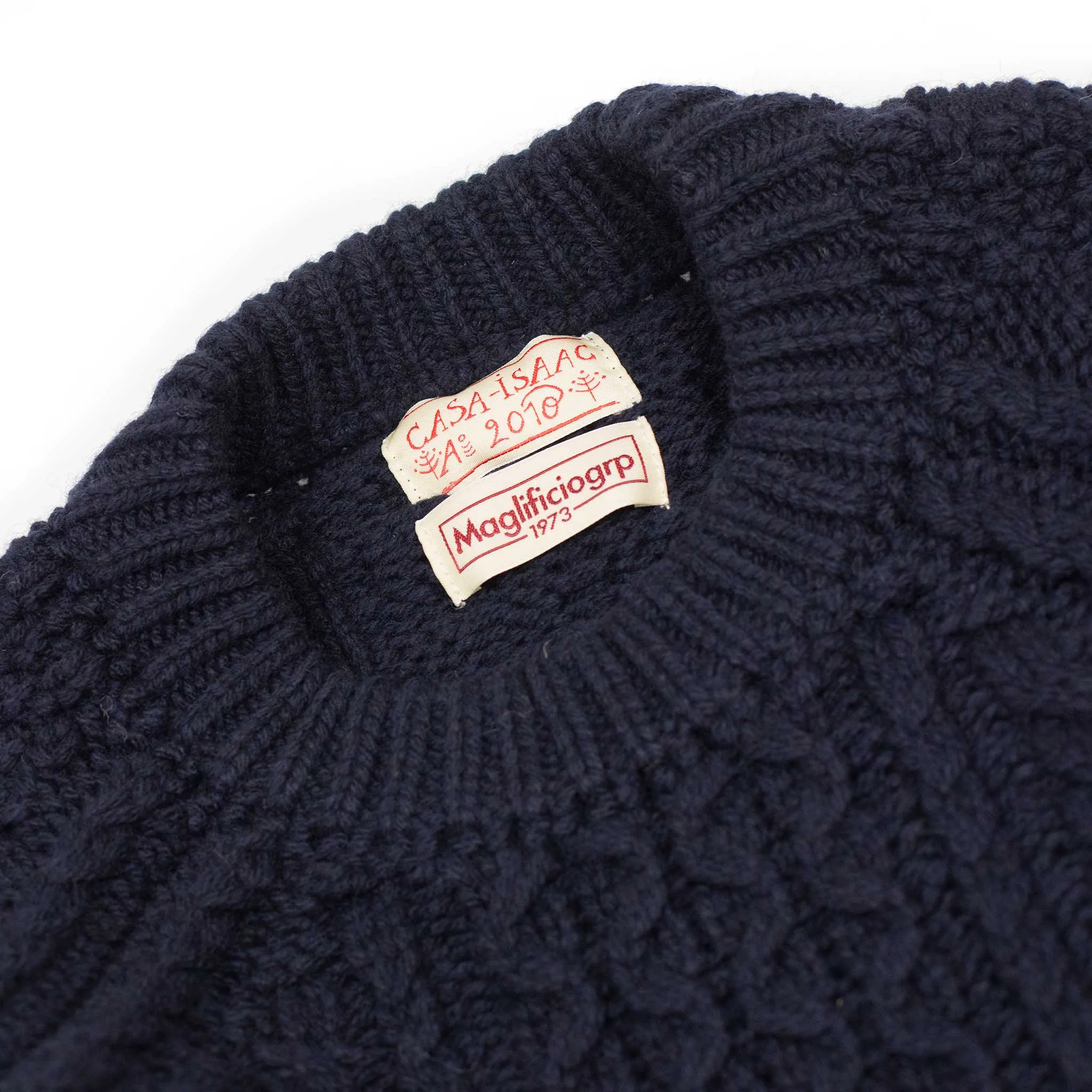 Cabled raglan sleeve crewneck in navy wool and cashmere (restock)