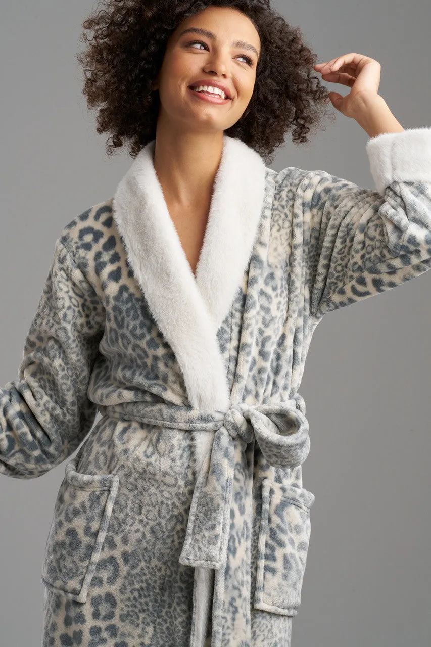 Cashmere Leopard Faux Fur Collar Robe