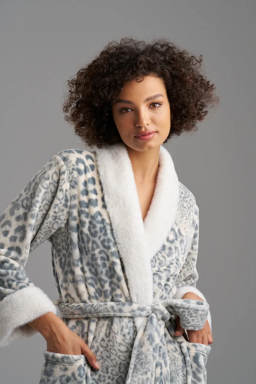 Cashmere Leopard Faux Fur Collar Robe