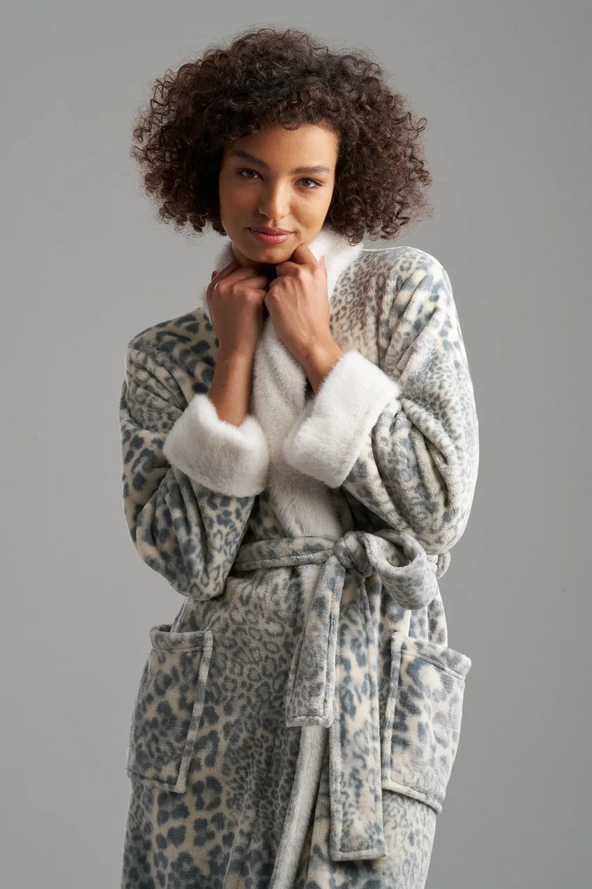 Cashmere Leopard Faux Fur Collar Robe