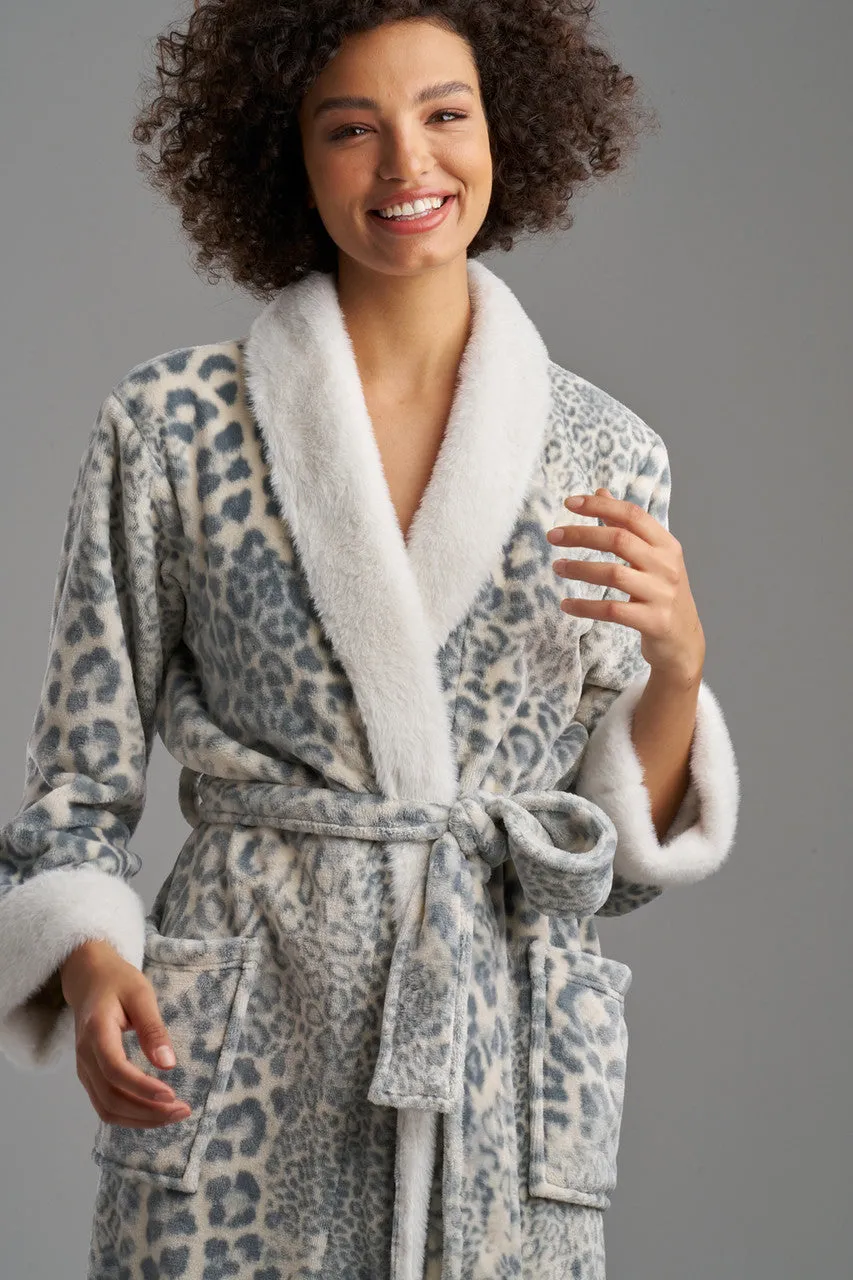 Cashmere Leopard Faux Fur Collar Robe