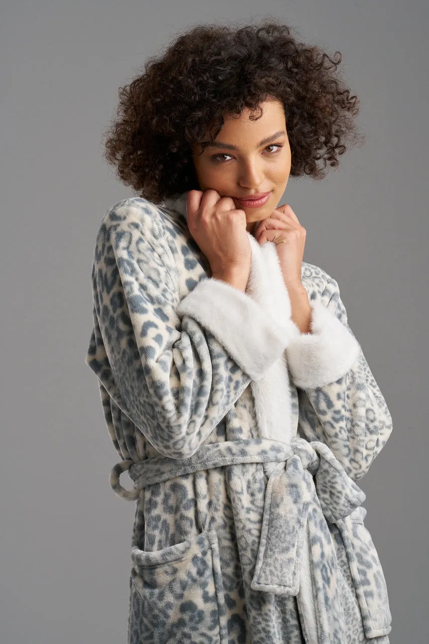 Cashmere Leopard Faux Fur Collar Robe