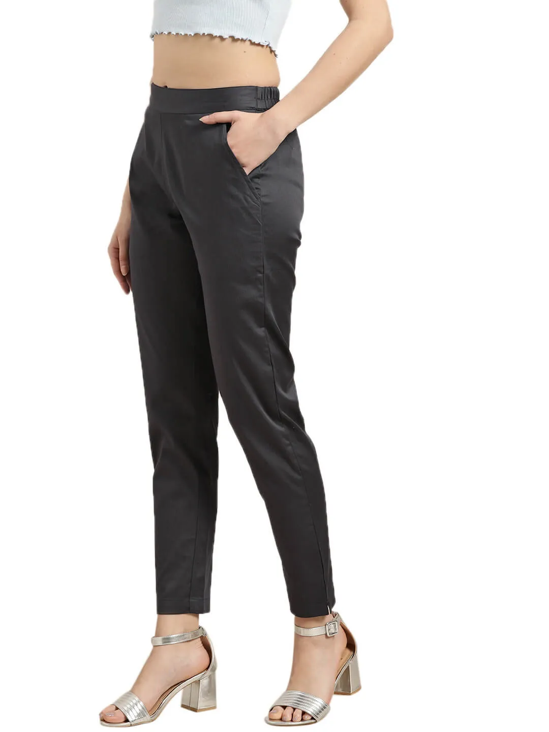 Charcoal Grey Solid Cotton Lycra Pants