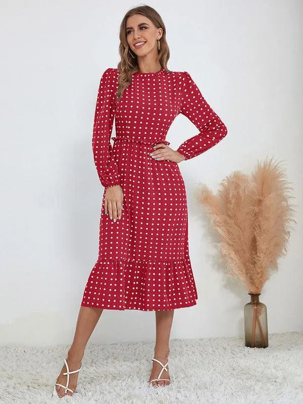 Chic Long Sleeve Polka Dot Dress for Women in French Style