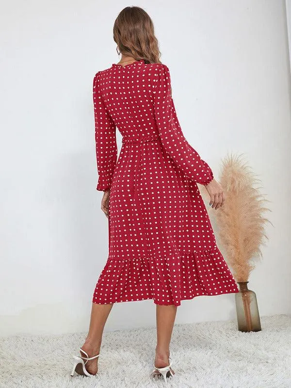 Chic Long Sleeve Polka Dot Dress for Women in French Style