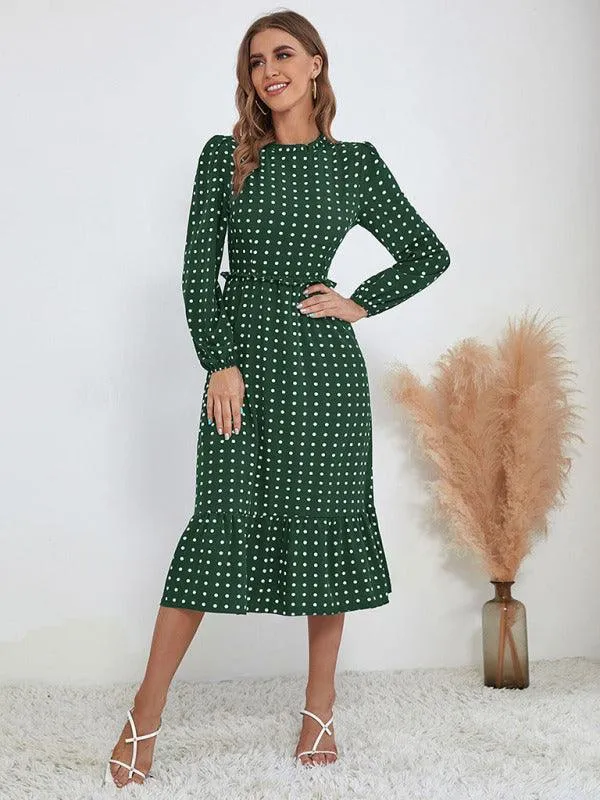 Chic Long Sleeve Polka Dot Dress for Women in French Style