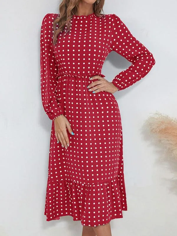 Chic Long Sleeve Polka Dot Dress for Women in French Style