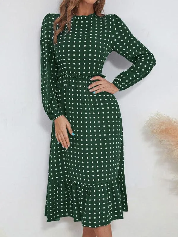 Chic Long Sleeve Polka Dot Dress for Women in French Style