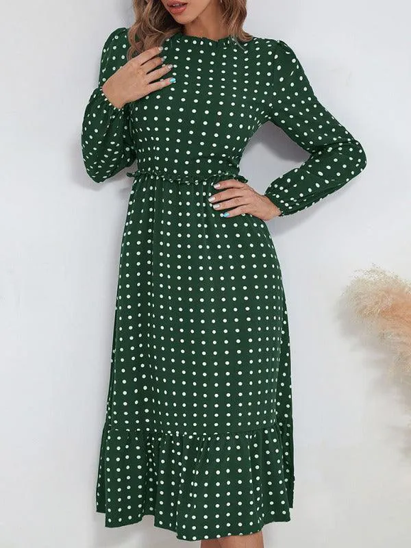 Chic Long Sleeve Polka Dot Dress for Women in French Style