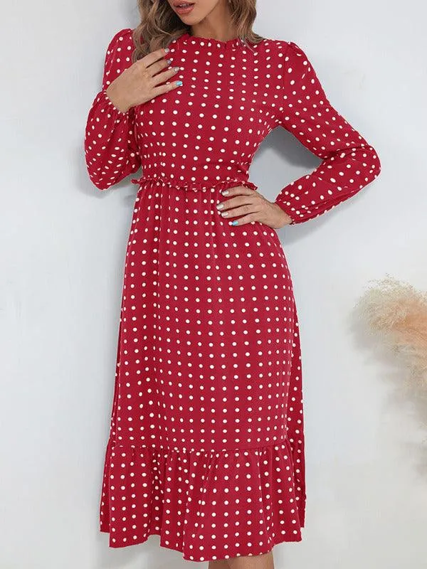 Chic Long Sleeve Polka Dot Dress for Women in French Style