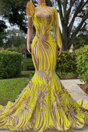 Chic Yellow High Neck Long Sleeve One Shoulder Mermaid Prom Dress