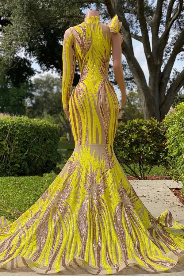 Chic Yellow High Neck Long Sleeve One Shoulder Mermaid Prom Dress