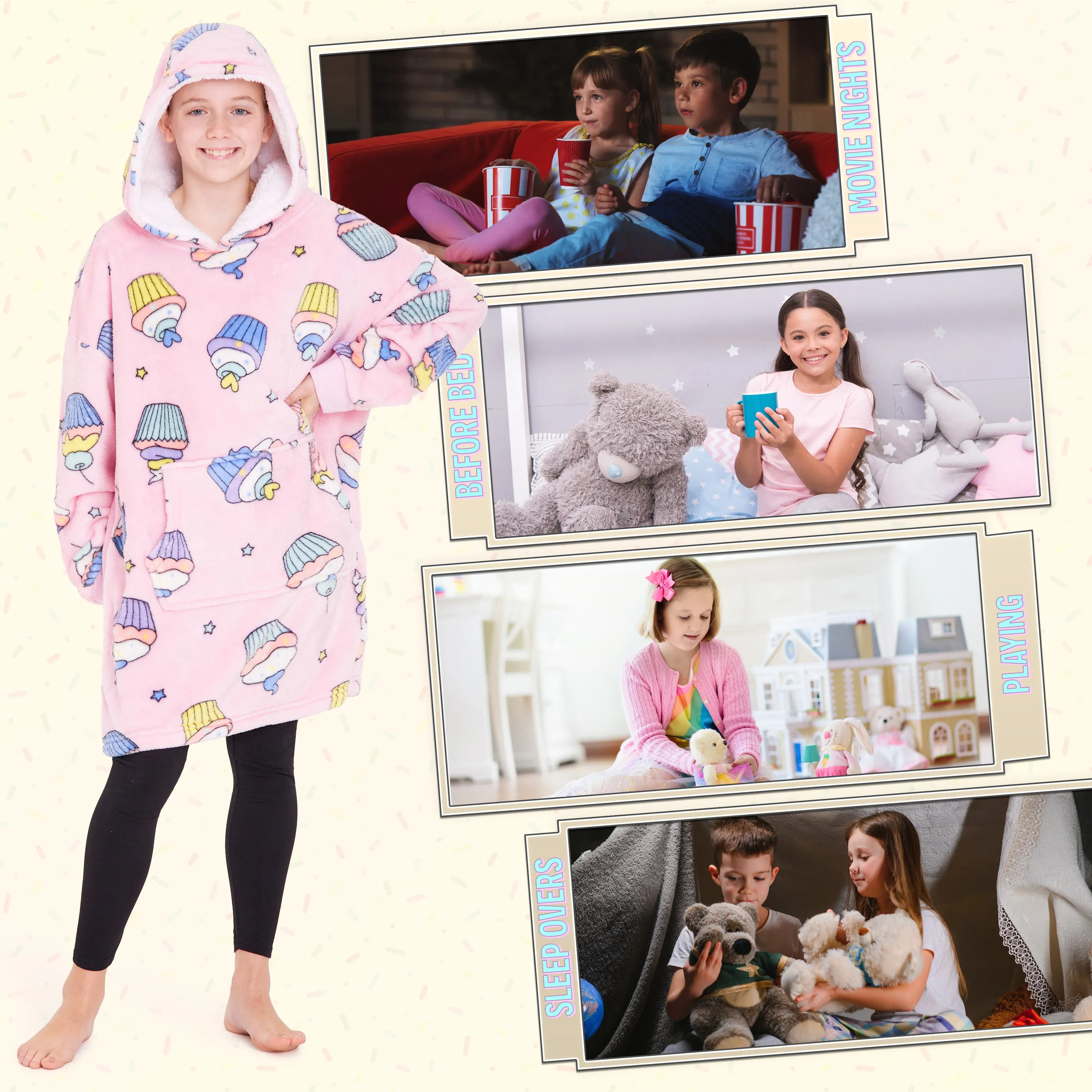 CityComfort Girls Oversized Blanket Hoodie Kids - Cupcake