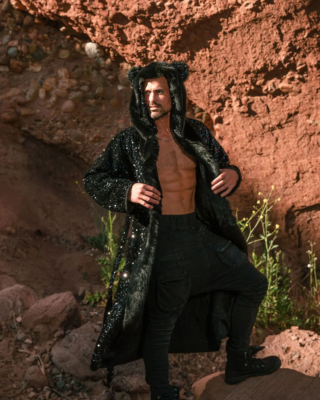 Classic Men's Long Sequin Coat | Black Panther