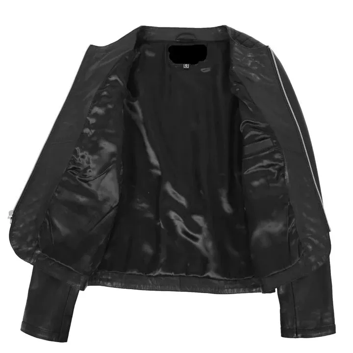 Collarless Quilted Zip Up Fitted Leather Women's Jacket