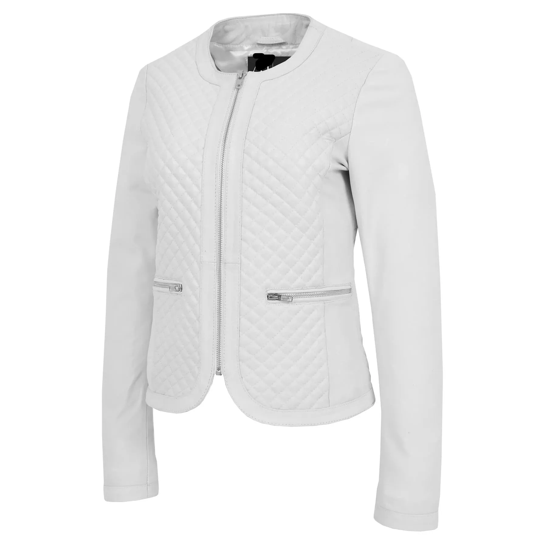 Collarless Quilted Zip Up Fitted Leather Women's Jacket