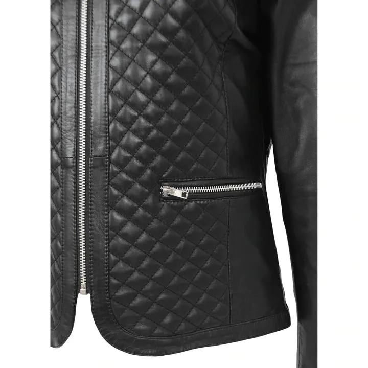 Collarless Quilted Zip Up Fitted Leather Women's Jacket