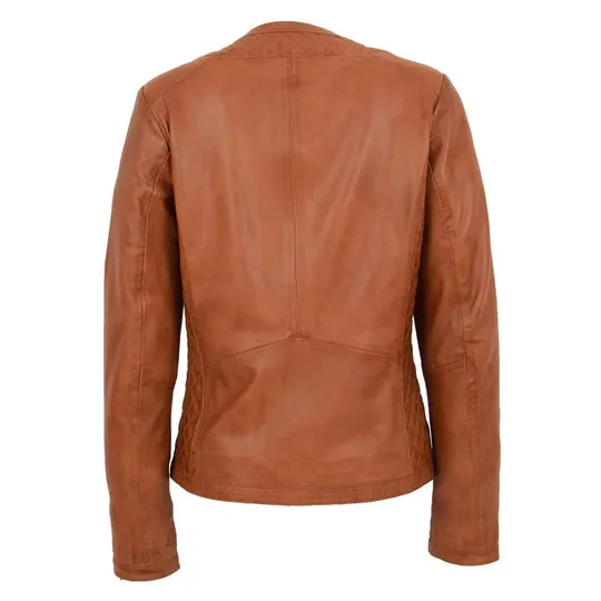 Collarless Quilted Zip Up Fitted Leather Women's Jacket