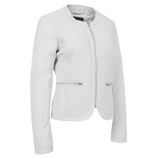 Collarless Quilted Zip Up Fitted Leather Women's Jacket