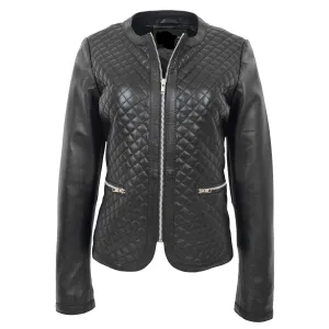 Collarless Quilted Zip Up Fitted Leather Women's Jacket