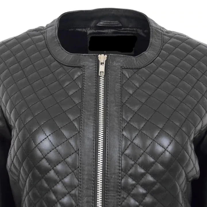 Collarless Quilted Zip Up Fitted Leather Women's Jacket