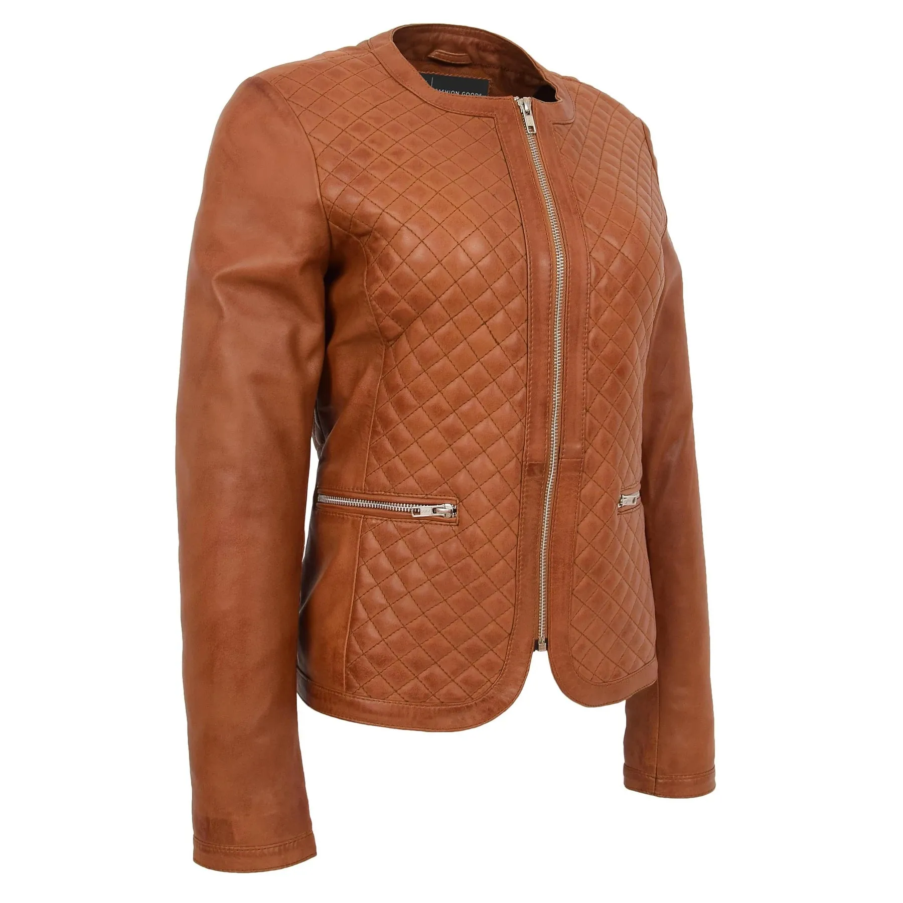 Collarless Quilted Zip Up Fitted Leather Women's Jacket