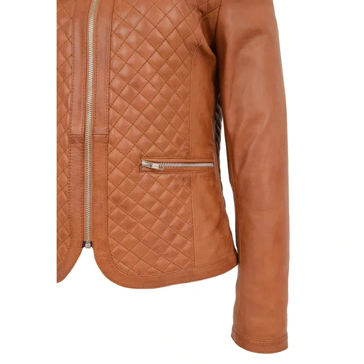 Collarless Quilted Zip Up Fitted Leather Women's Jacket