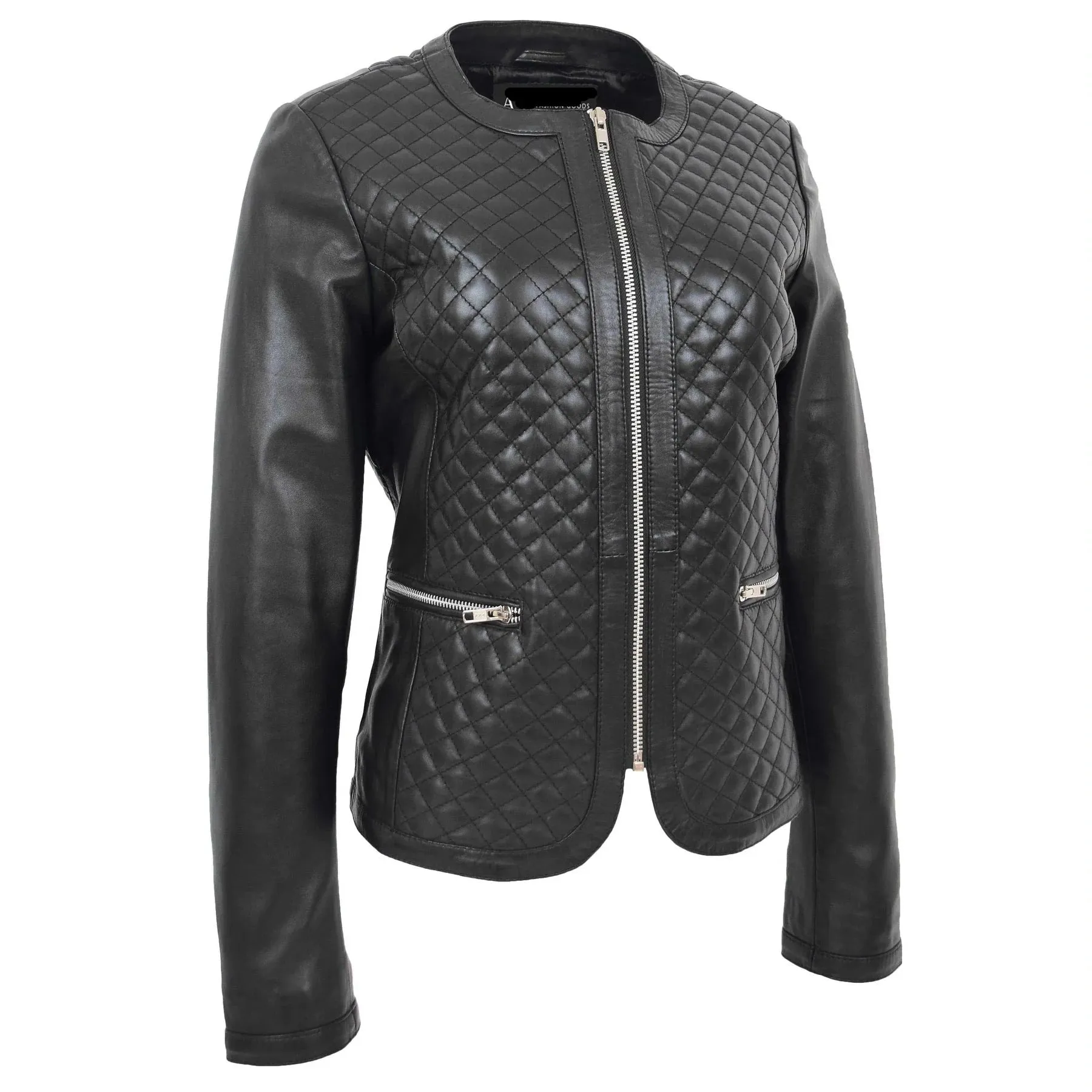 Collarless Quilted Zip Up Fitted Leather Women's Jacket