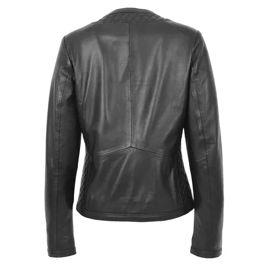 Collarless Quilted Zip Up Fitted Leather Women's Jacket