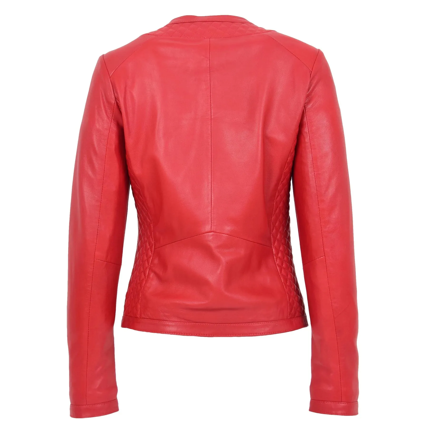 Collarless Quilted Zip Up Fitted Leather Women's Jacket